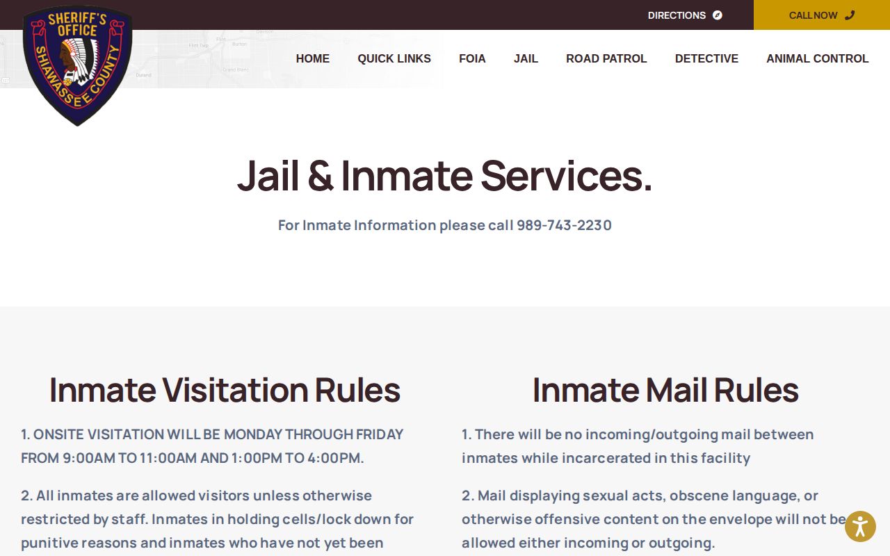 Shiawassee County 24-hour release information phone on the official jail page