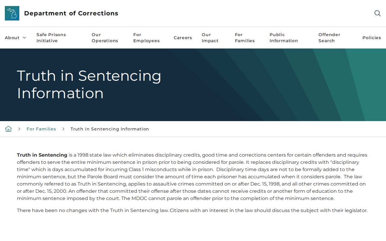Michigan truth-in-sentencing rules for a Shiawassee County projected release date