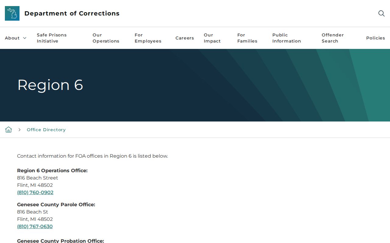 Shiawassee County parole and probation Region 6 office entry