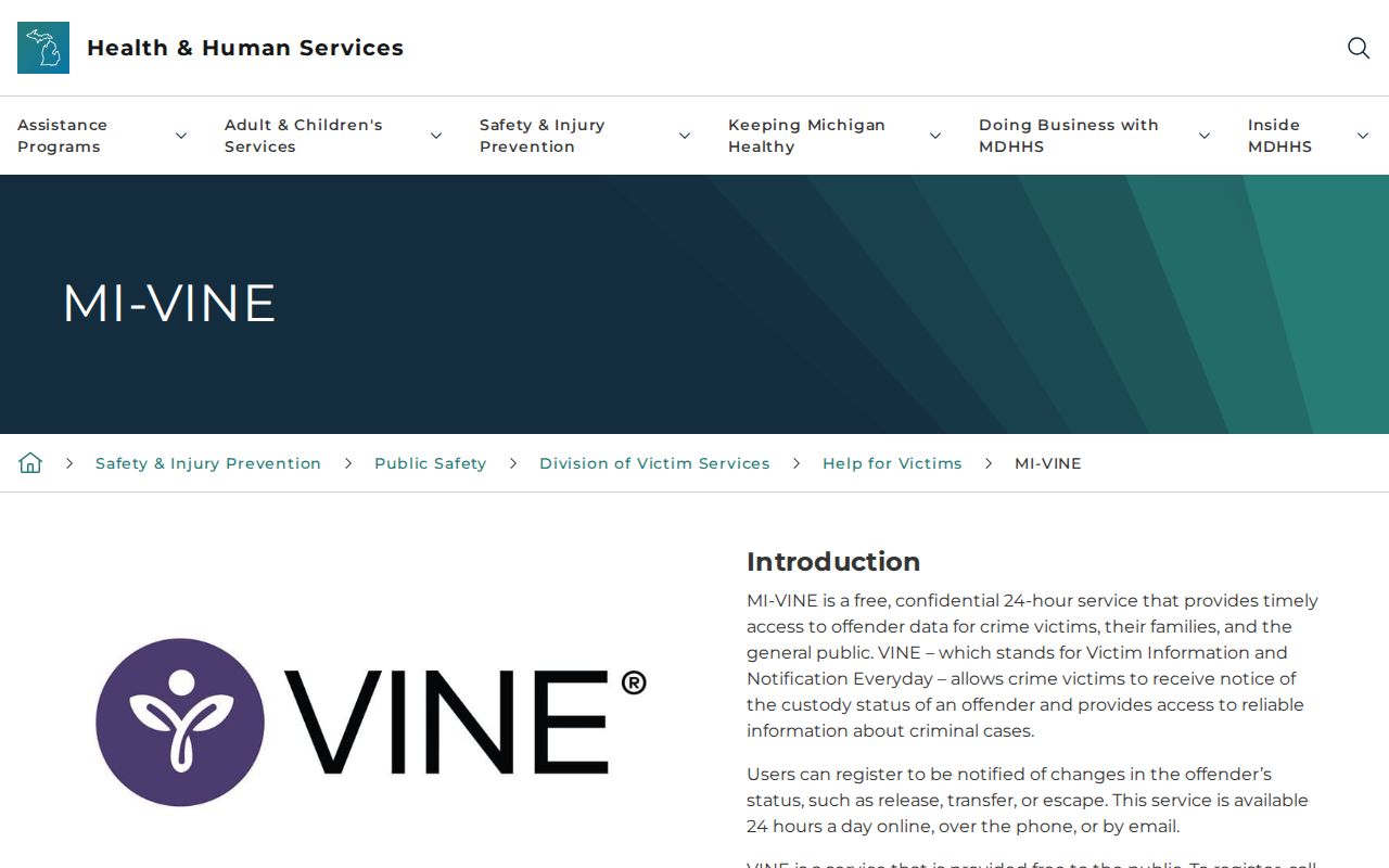 Michigan VINE overview for a Shiawassee County inmate release check